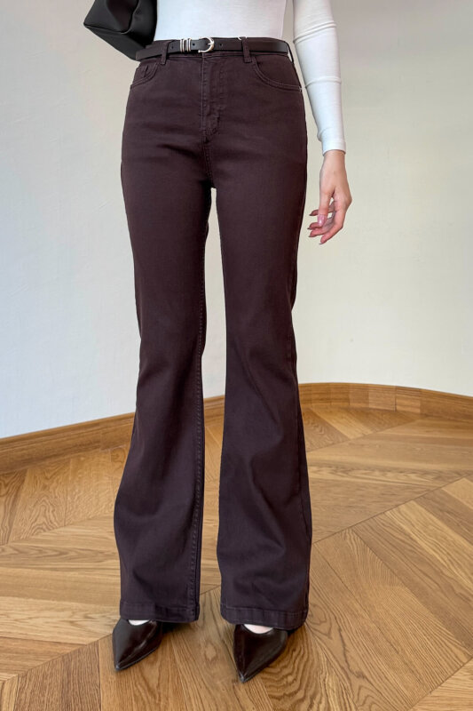 JEAN-1016 Acı Kahve Yüksek Bel Full Likralı İspanyol Paça Jean - 3