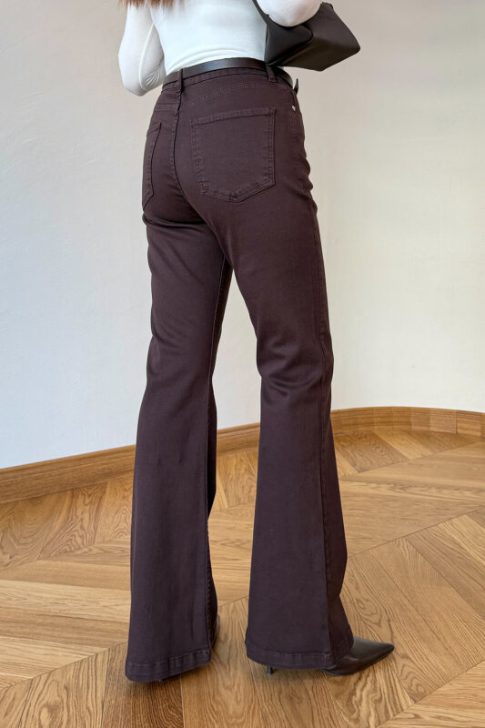 JEAN-1016 Acı Kahve Yüksek Bel Full Likralı İspanyol Paça Jean - 5
