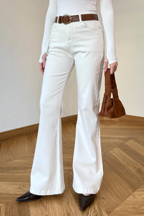 JEAN-1016 Ekru Yüksek Bel Full Likralı İspanyol Paça Jean - 5