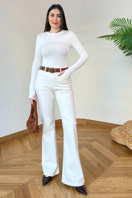 JEAN-1016 Ekru Yüksek Bel Full Likralı İspanyol Paça Jean - 4