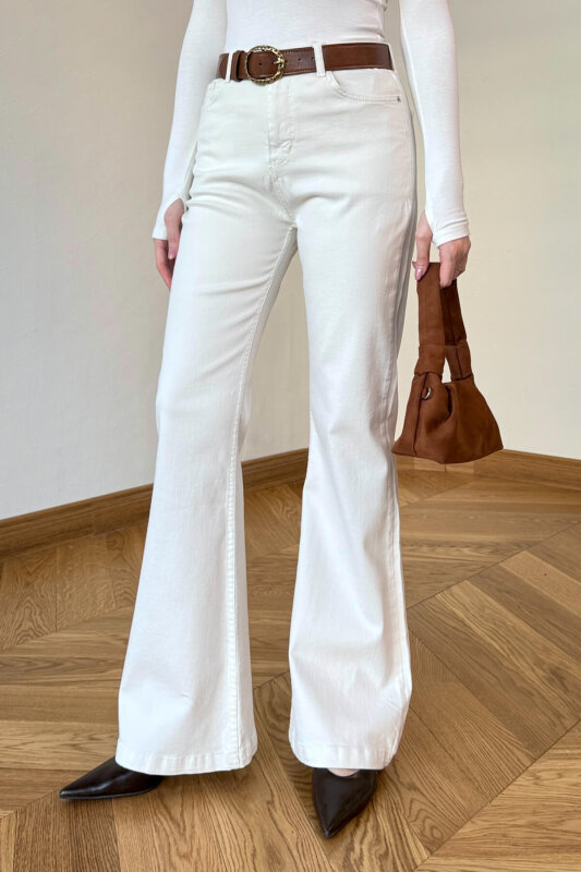 JEAN-1016 Ekru Yüksek Bel Full Likralı İspanyol Paça Jean - 2