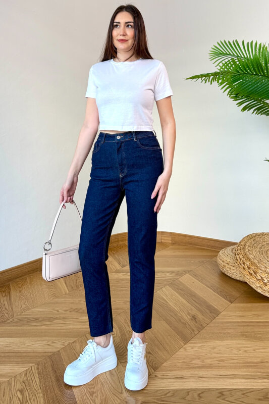 JEAN-1017 Lacivert Kesik Paça Yüksek Bel Jean - 3