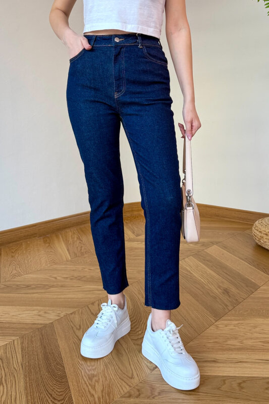 JEAN-1017 Lacivert Kesik Paça Yüksek Bel Jean - 4