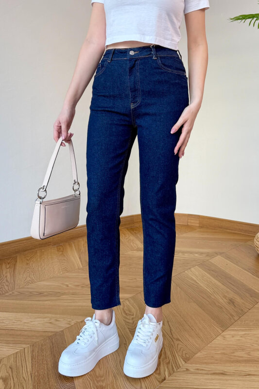 JEAN-1017 Lacivert Kesik Paça Yüksek Bel Jean - 2