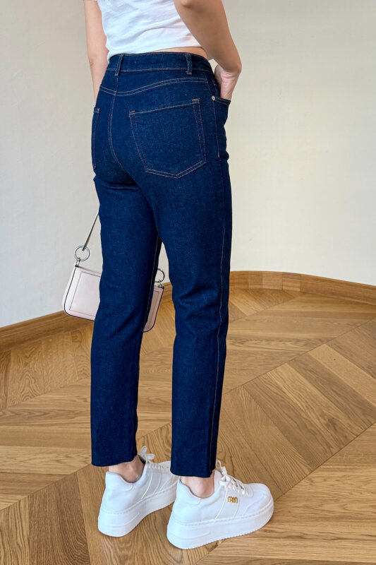 JEAN-1017 Lacivert Kesik Paça Yüksek Bel Jean - 5