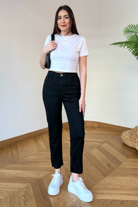 JEAN-1017 Siyah Kesik Paça Yüksek Bel Jean - 3