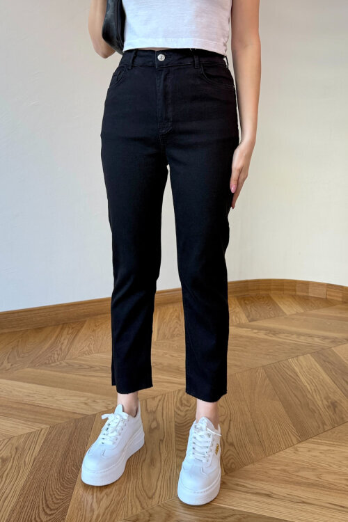 JEAN-1017 Siyah Kesik Paça Yüksek Bel Jean - 4