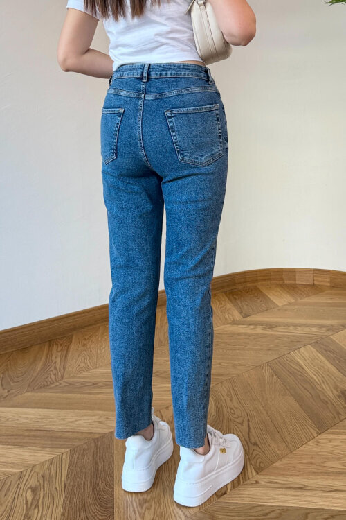 JEAN-1017 Taşlı Mavi Kesik Paça Yüksek Bel Jean - 6