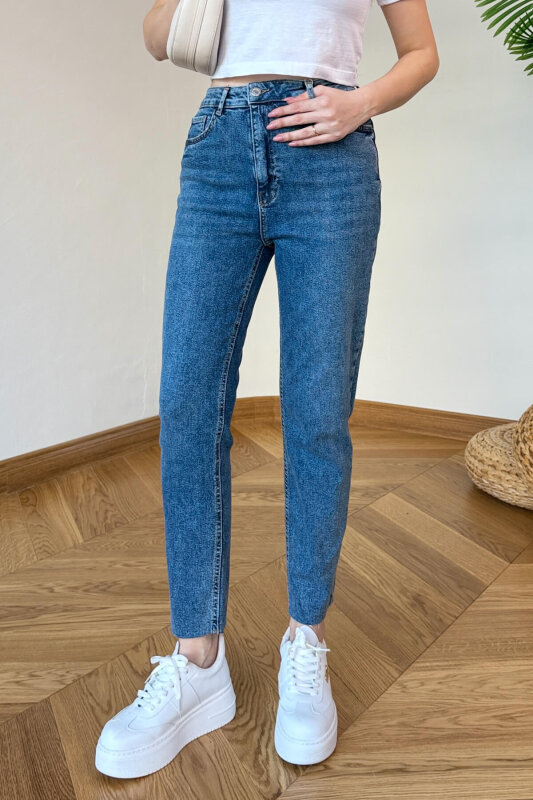 JEAN-1017 Taşlı Mavi Kesik Paça Yüksek Bel Jean - 2