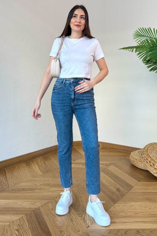 JEAN-1017 Taşlı Mavi Kesik Paça Yüksek Bel Jean - 3