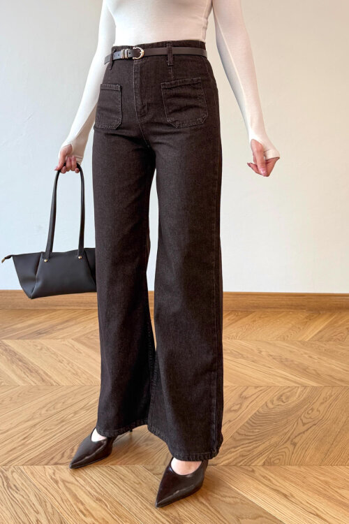 JEAN-1018 Acı Kahve Ön Cepli Yüksek Bel Pocket Jean