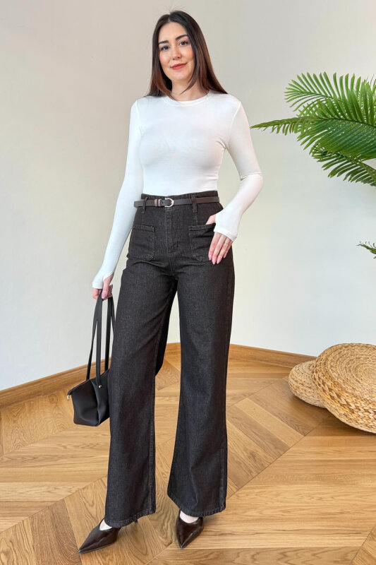 JEAN-1018 Acı Kahve Ön Cepli Yüksek Bel Pocket Jean - 3