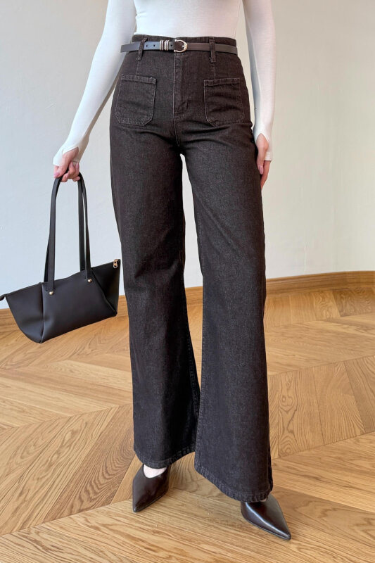 JEAN-1018 Acı Kahve Ön Cepli Yüksek Bel Pocket Jean - 5