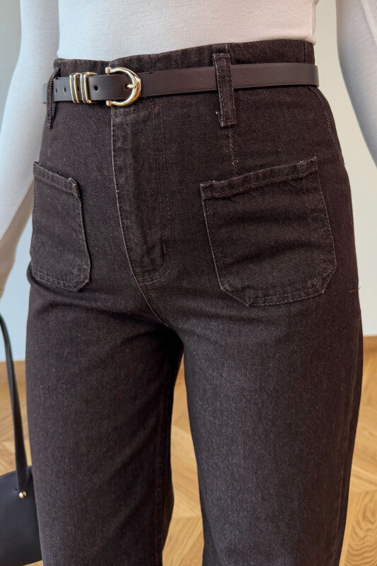 JEAN-1018 Acı Kahve Ön Cepli Yüksek Bel Pocket Jean - 2