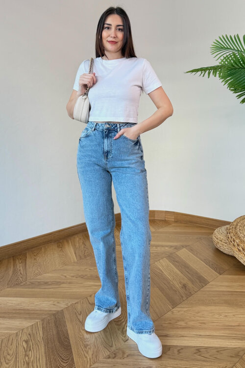 JEAN-1019 Buz Mavi Yüksek Bel Straight Jean