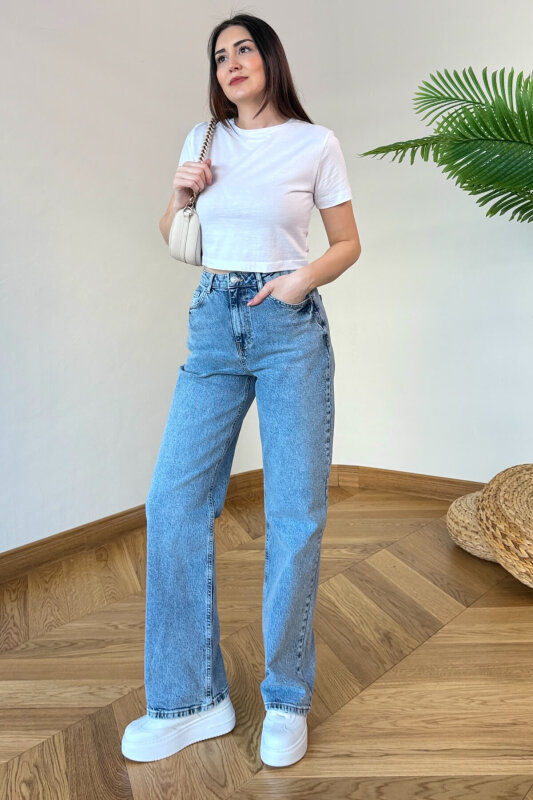 JEAN-1019 Buz Mavi Yüksek Bel Straight Jean - 6
