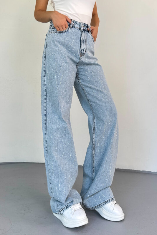 JEAN-1071 Açık Mavi Taş Detaylı Çizgi Desenli Mom Jean - 3