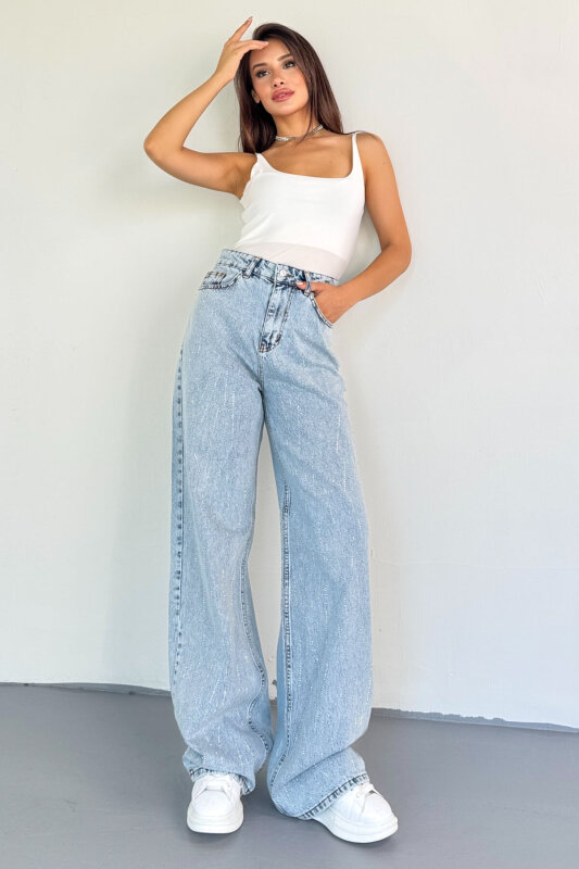 JEAN-1071 Açık Mavi Taş Detaylı Çizgi Desenli Mom Jean - 5