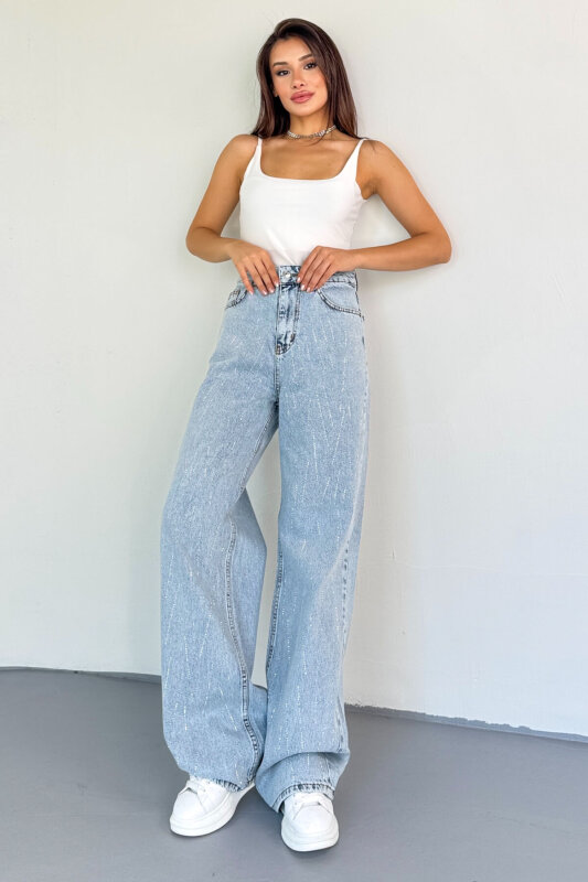 JEAN-1071 Açık Mavi Taş Detaylı Çizgi Desenli Mom Jean - 2