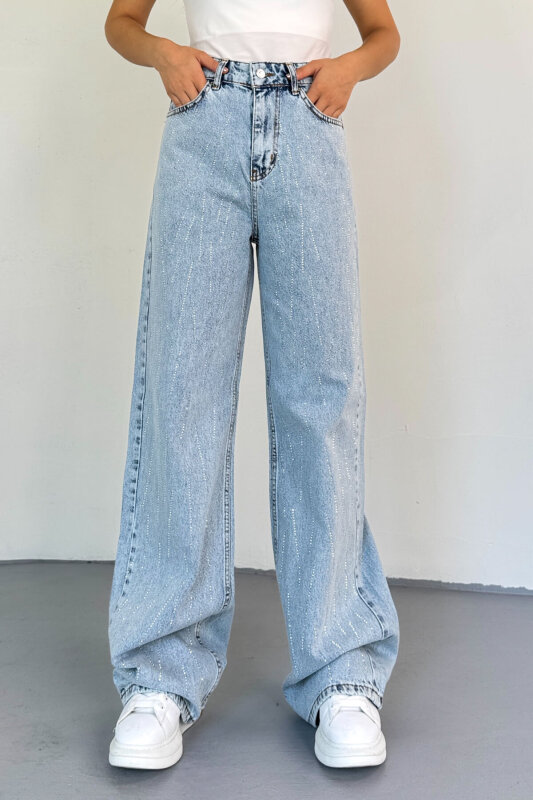 JEAN-1071 Açık Mavi Taş Detaylı Çizgi Desenli Mom Jean - 6