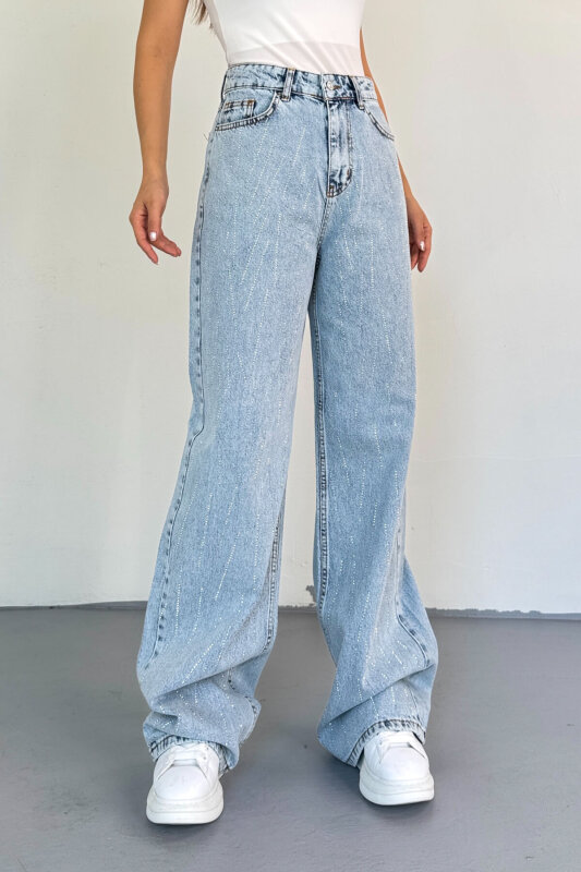 JEAN-1071 Açık Mavi Taş Detaylı Çizgi Desenli Mom Jean - 7