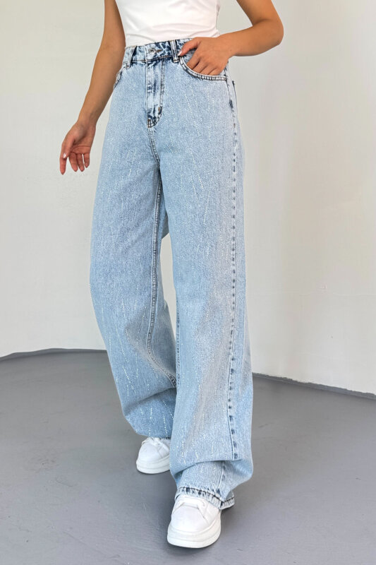 JEAN-1071 Açık Mavi Taş Detaylı Çizgi Desenli Mom Jean - 1