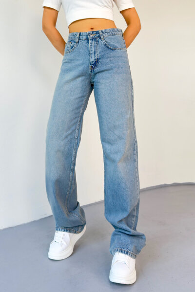 JEAN-488 Açık Mavi Yıkamalı Basic Mom Jean 