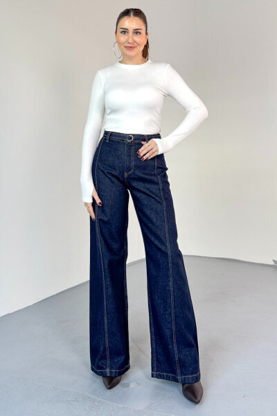 JEAN-774 Koyu Mavi Kemer Detaylı Wide Leg Jean