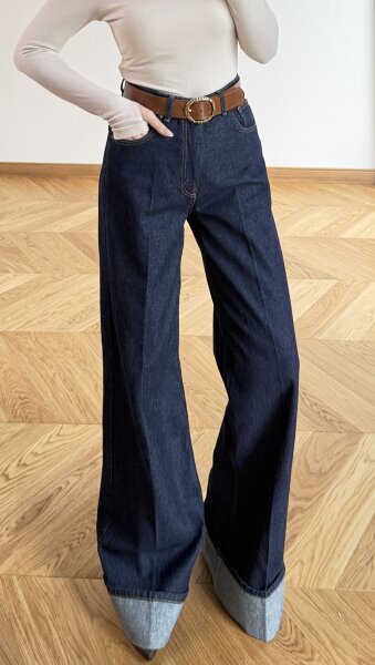 JEAN-881 Koyu Mavi Kıvrık Paça Denim Jean