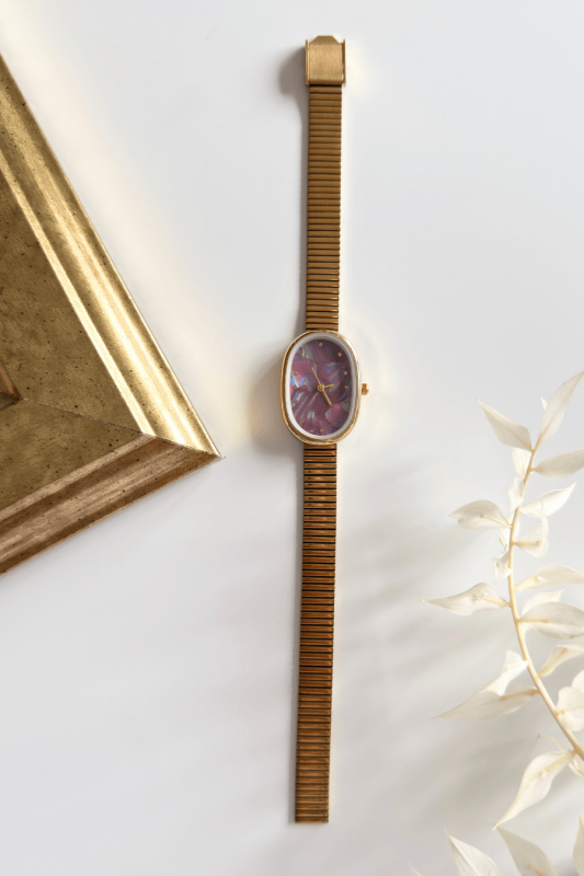 Jora Sedef Renkli Bordo Kadran Gold Çelik Kordon Kadın Kol Saati - 1