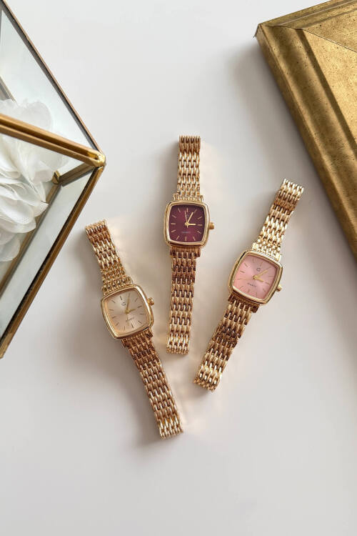 July Gold Bordo Kare Kadran Çelik Kordon Kadın Kol Saati - 2