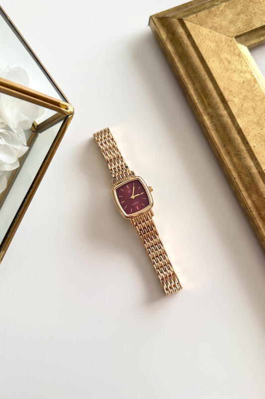 July Gold Bordo Kare Kadran Çelik Kordon Kadın Kol Saati - 1
