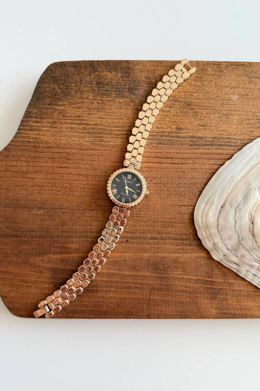 Linda Gold Siyah Petek Yuvarlak Kadran Çelik Kordon Kadın Kol Saati - 1