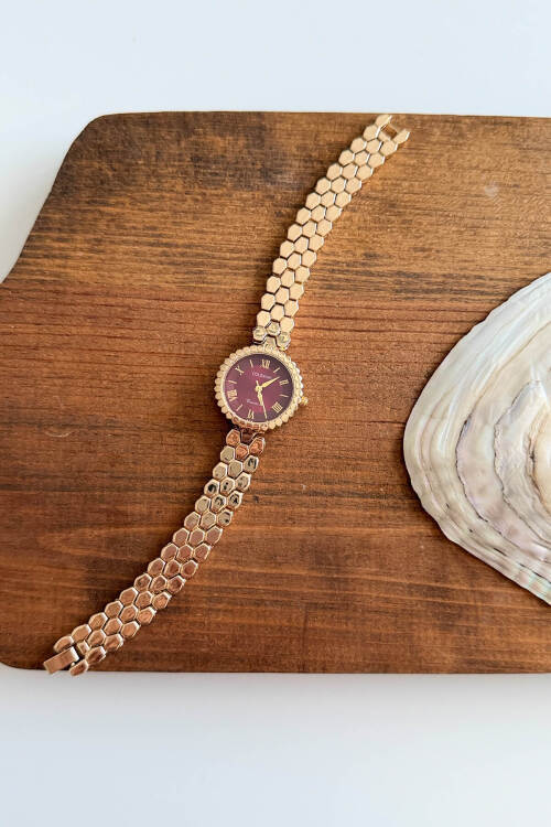 Linda Gold Bordo Petek Yuvarlak Kadran Çelik Kordon Kadın Kol Saati
