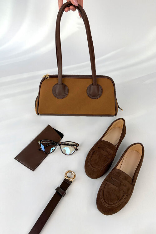 Linea Serisi Acı Kahve Süet Loafer-Çanta-Kemer-Gözlük Seti