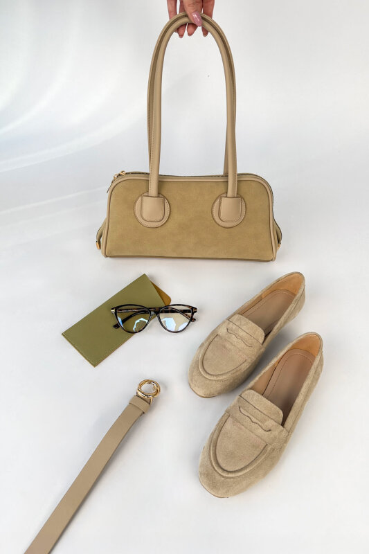 Linea Serisi Bej Süet Loafer-Çanta-Kemer-Gözlük Seti - 1