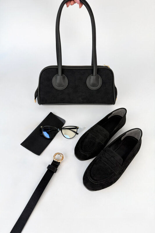 Linea Serisi Siyah Süet Loafer-Çanta-Kemer-Gözlük Seti - 1