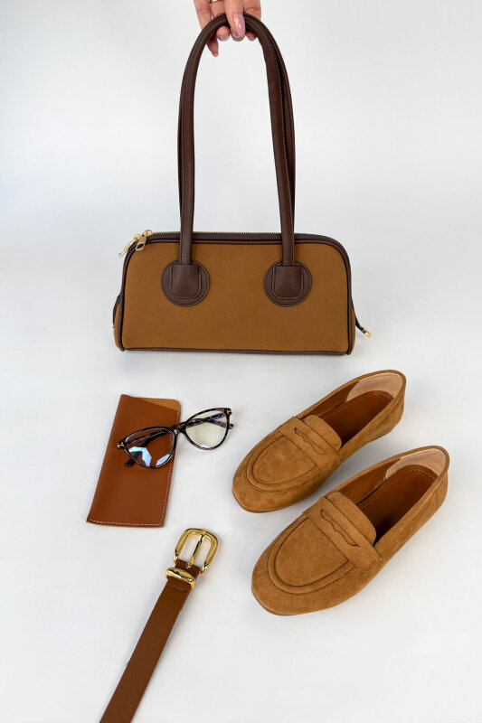 Linea Serisi Taba Süet Loafer-Çanta-Kemer-Gözlük Seti - 1