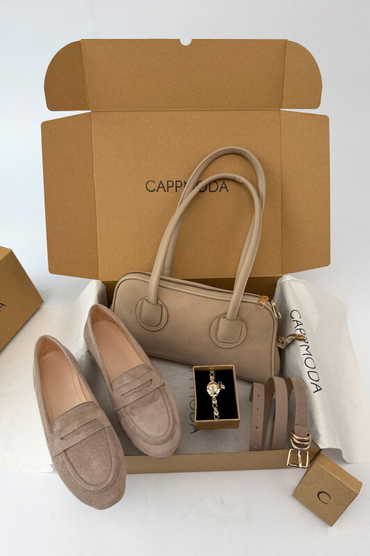 Lofur Serisi Bej Süet Babet-Çanta-Kemer-Saat Seti - 1