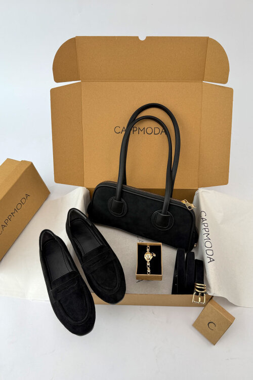 Lofur Serisi Siyah Süet Babet-Çanta-Kemer-Saat Seti