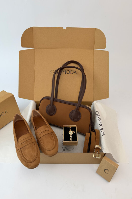 Lofur Serisi Taba Süet Babet-Çanta-Kemer-Saat Seti - 1