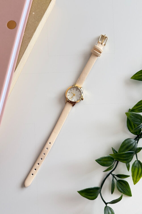 Lotus Bej Rengi Yuvarlak Kadran Deri Dokulu Kordon Kadın Kol Saati - 1