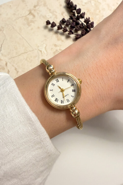 Lovely Yuvarlak Beyaz Kadran Gold Hasır Kordon Kadın Kol Saati - 2