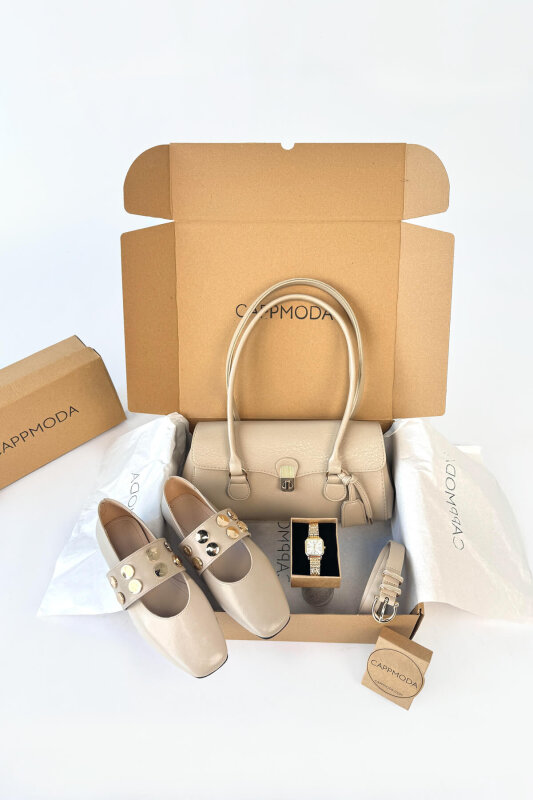 Lowern Bej Deri Babet-Çanta-Kemer-Saat Seti - 1