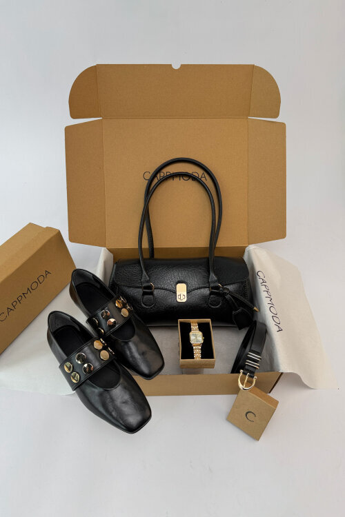 Lowern Siyah Deri Babet-Çanta-Kemer-Saat Seti