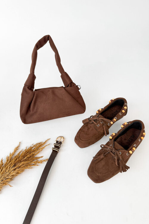 Lucca Serisi Acı Kahve Süet Babet-Çanta-Kemer Seti