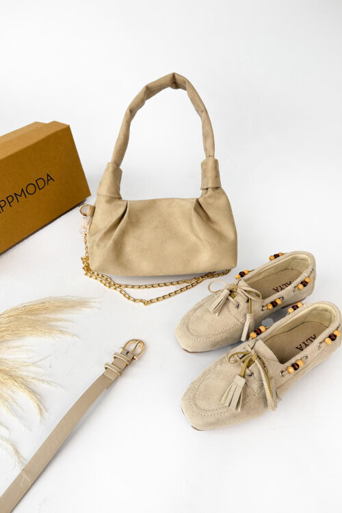 Lucca Serisi Bej Süet Babet-Çanta-Kemer Seti