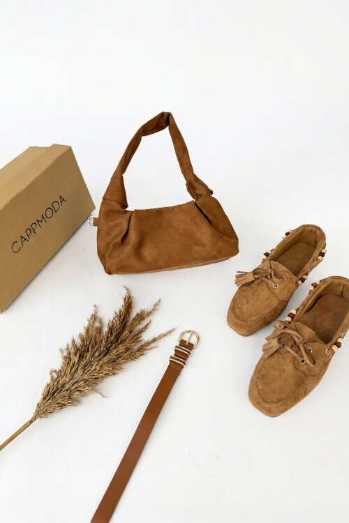 Lucca Serisi Taba Süet Babet-Çanta-Kemer Seti