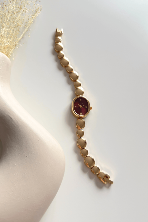 Lume Bordo Oval Kadran Gold Çelik Yuvarlak Kordon Kadın Kol Saati 