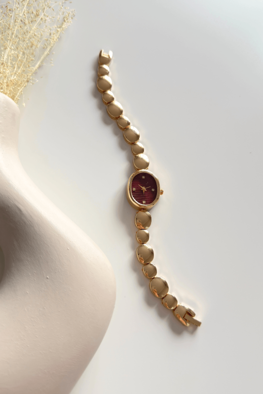 Lume Bordo Oval Kadran Gold Çelik Yuvarlak Kordon Kadın Kol Saati - 1